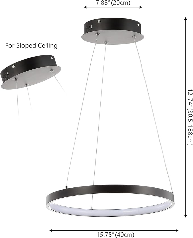 JONATHAN Y 15.75" Matte Black Modern Integrated LED Pendant Light, Dimmable Round Hoop Chandelier for Kitchen Island, Dining Room, Adjustable Height Metal Hanging Light JYL7202A