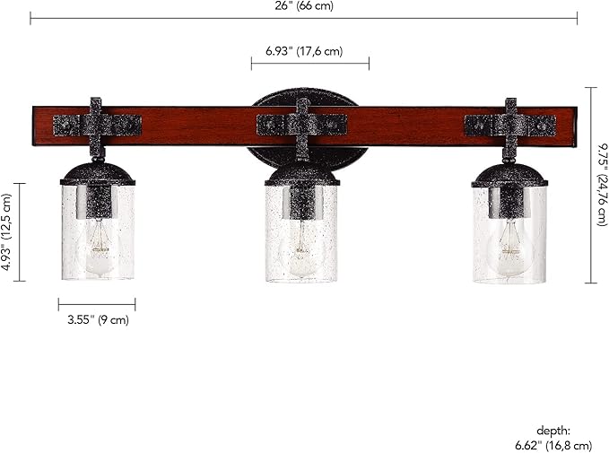 GLOBE Electric 51854 Kingston 3-Light Vanity Light, Dark Faux Wood, Galvanized Metal Accents, Clear Seeded Glass Shade, Bulb Not Included