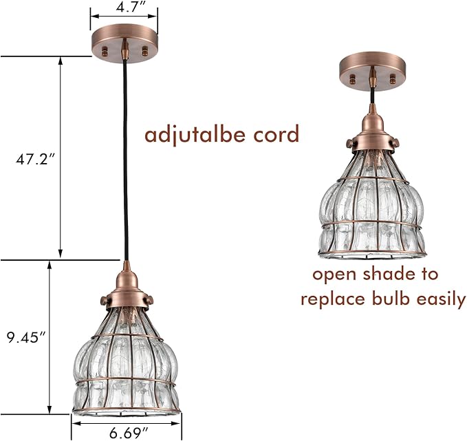 YUBOLE Vintage Cracked Glass Wire Cage Hanging Pendant Light, Red Antique Copper