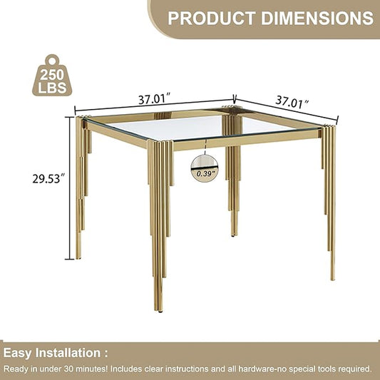 Modern Square Glass Dining Table for 4 People, Compact 37" Clear Tempered Glass Desktop with Gold Mirrored Stainless Steel Legs for Small Spaces, Perfect for Apartments