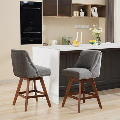 Comfortable Upholstered Swivel Bar Stool with Wooden Legs and Soft Fabric Seat for Kitchen Island or Home Bar Use (Gray + Wood+Fabric + Foam)
