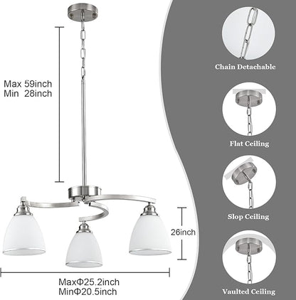 3 Lights Brushed Nickel Farmhouse Chandelier Retractable Kitchen Island Light with Milk White Frosted Glass Max 59" Height Adjustable Silver Hanging Ceiling Light for Dining Room Living Room Entry