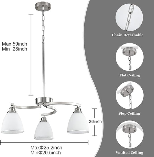3 Lights Brushed Nickel Farmhouse Chandelier Retractable Kitchen Island Light with Milk White Frosted Glass Max 59" Height Adjustable Silver Hanging Ceiling Light for Dining Room Living Room Entry