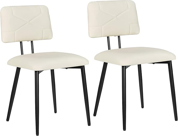 VECELO Dining Chairs Set of 2, Modern Upholstered Kitchen Chairs with Faux Leather Cushion Seat & Metal Legs for Kitchen, Living Room, Tufted Backrest Design, Beige