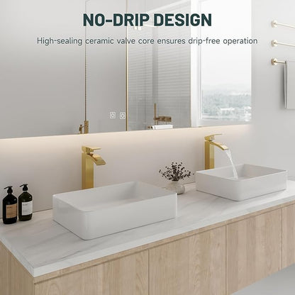 Brushed Gold Vessel Sink Faucet, Greenspring Waterfall Bathroom Faucets, Tall Spout Single Handle Single Hole Bathroom Faucets with Pop Up Drain and Without Overflow Basin Faucet Supply Line