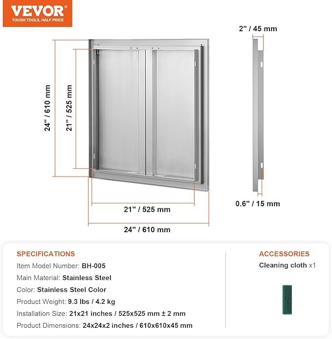 VEVOR BBQ Access Door - 24" x 24" Double Vertical Kitchen Door, Stainless Steel Flush Mount, for BBQ Island & Grilling Station