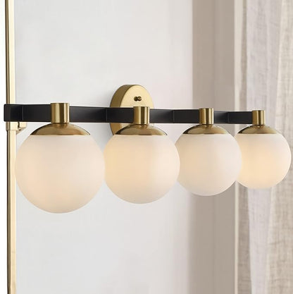 JONATHAN Y 34" Brass Gold/Black Modern Globe LED Vanity Wall Sconce Light, White Frosted Glass Shade, Mid-Century Art Deco Wall Lamp for Bathroom, Kitchen, Hallway (JYL3543A)