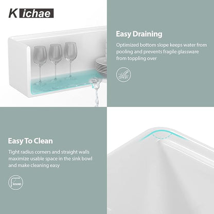 Kichae 33 Inch White Farmhouse Kitchen Sink Workstation Apron Front Farm Sink with Slide Ledge Fireclay Ceramic Porcelain Single Bowl Basin with Accessories