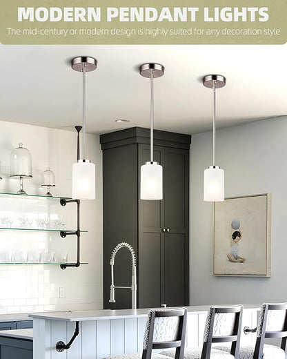 2 Pack Pendant Light Fixtures, Adjustable Brushed Nickel Hanging Ceiling Lights with White Frosted Glass Shades, House Indoor Light for Kitchen Island Bedroom