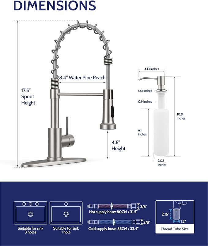 LUFEIDRA Kitchen Faucet with Pull Down Sprayer and Soap Dispenser, High Arc Spring 304 Stainless Steel Single Handle 1 or 3 Hole 2 Mode for Farmhouse RV Camper Laundry Wet Bar (Brushed Nickel)