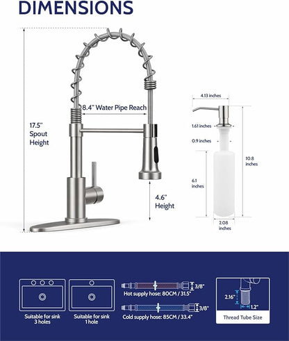 LUFEIDRA Kitchen Faucet with Pull Down Sprayer and Soap Dispenser, High Arc Spring 304 Stainless Steel Single Handle 1 or 3 Hole 2 Mode for Farmhouse RV Camper Laundry Wet Bar (Brushed Nickel)