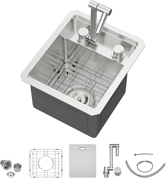 13 Inch Stainless Steel Outdoor Prep Sink - Beslend 16 Gauge Undermount Bar Sink with Folding Faucet & Cover, Waterproof for Indoor/Outdoor Kitchen, Grill Station, Poolside,13x15x9 In