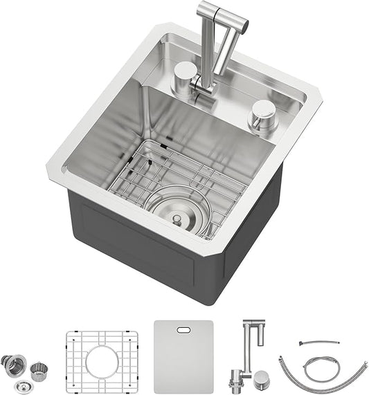 13 Inch Stainless Steel Outdoor Prep Sink - Beslend 16 Gauge Undermount Bar Sink with Folding Faucet & Cover, Waterproof for Indoor/Outdoor Kitchen, Grill Station, Poolside,13x15x9 In