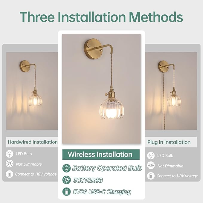 Shenmoyl Battery Operated Wall Sconce with Clear Tulip Shade Pattern Glass Adjustable Chain Retro Gold Wall Mounted Light, Modern Wall Lamp Fixtures Decor for Bedside Bedroom Indoor Doorway