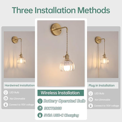 Shenmoyl Battery Operated Wall Sconce with Clear Tulip Shade Pattern Glass Adjustable Chain Retro Gold Wall Mounted Light, Modern Wall Lamp Fixtures Decor for Bedside Bedroom Indoor Doorway