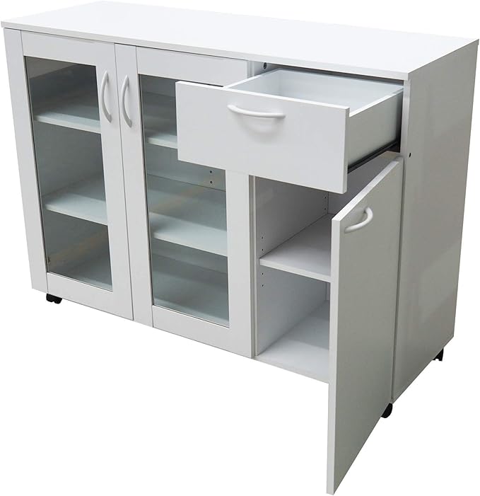 Kings Brand Furniture Buffet Server Sideboard Kitchen Storage Cabinet with Adjustable Shelves & Drawer, White Wood & Glass, 45.5" W x 15" D x 33" H