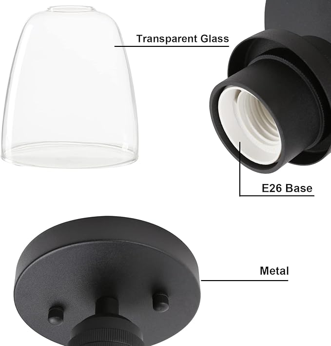 Yosoan Retro Semi Flush Mount Ceiling Light, 1-Light Vintage Industrial Hardwired 5.51'' Oval Cone Glass Shade for Kitchen Bathroom Cafe Corridor Hallway Entryway Passway (Black)