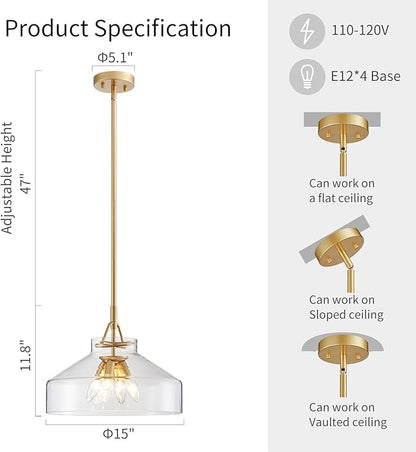 WUZUPS Chandelier Rustic Farmhouse Industrial Round Ceiling Pendant LED Light Fixture with Clear Glass Shades for Dining Room Kitchen Island Foyer Entryway, H 11.8" W 15", E26 Base, Gold