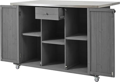 YOPTO Outdoor Kitchen Island Fir Wood Kitchen Island with Stainless Steel Top,Ample Storage Space,Towel and Spice Racks and a Bottle Opener for Outdoor,Grey