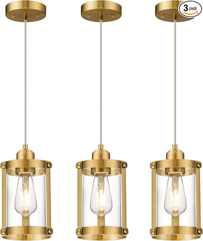 Brushed Gold Pendant Lights Kitchen Island 3 Pack, Modern Kitchen Pendant Lighting Over Island with Clear Glass, Farmhouse Brass Mini Hanging Light for Kitchen Sink Dining Room, OS-3014-3PBGC
