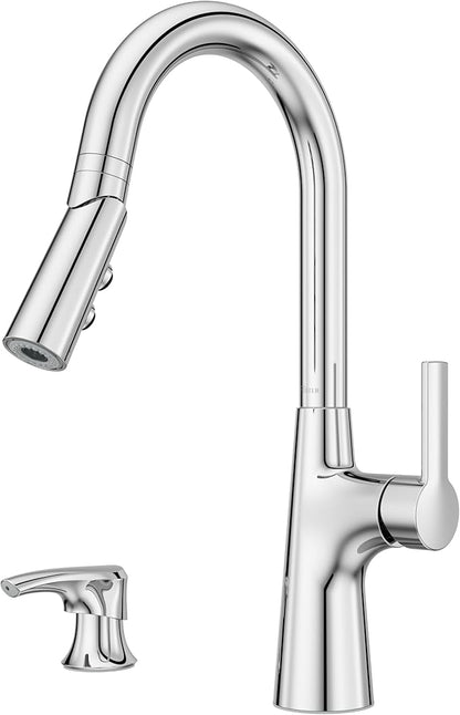 Pfister Tasso Kitchen Faucet with Pull Down Sprayer and Soap Dispenser, Single Handle, High Arc, NSF Certified, Polished Chrome Finish, F5297TSOC
