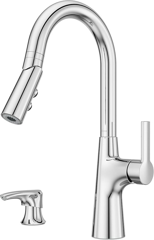 Pfister Tasso Kitchen Faucet with Pull Down Sprayer and Soap Dispenser, Single Handle, High Arc, NSF Certified, Polished Chrome Finish, F5297TSOC