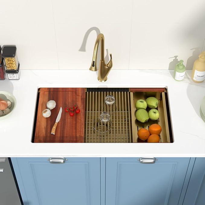 33 Undermount Gold Kitchen Sink Workstation 16 Gauge Stainless Steel 9 In Deep Kitchen Sinks with Practical Accessories