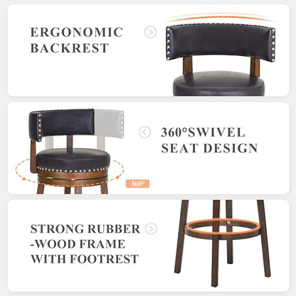 COLAMY Swivel Bar Stool, 30 Inch Counter Height Bar Stool, Wood Modern Upholstered Wooden Barstool with Back for Kitchen Island Dining Room Bar, Dark Brown