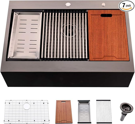 30 Inch Black Farmhouse Kitchen Sink Drop In Workstation - 30 inch Apron Front Farmhouse Sink Workstation Kitchen Sink Single Bowl 16 Gauge Stainless Steel Farm Sink