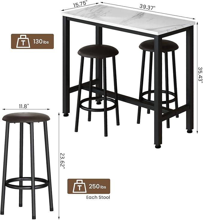 AWQM 39.3" Bar Table Set of 2,Faux Marble Pub Height Table and Chairs Set of 2 with Upholstered Stools,3 Piece Bar Table and Chairs Set Dining Table Set for Living Room,Kitchen,Bar,White & Brown