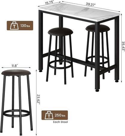 AWQM 39.3" Bar Table Set of 2,Faux Marble Pub Height Table and Chairs Set of 2 with Upholstered Stools,3 Piece Bar Table and Chairs Set Dining Table Set for Living Room,Kitchen,Bar,White & Brown