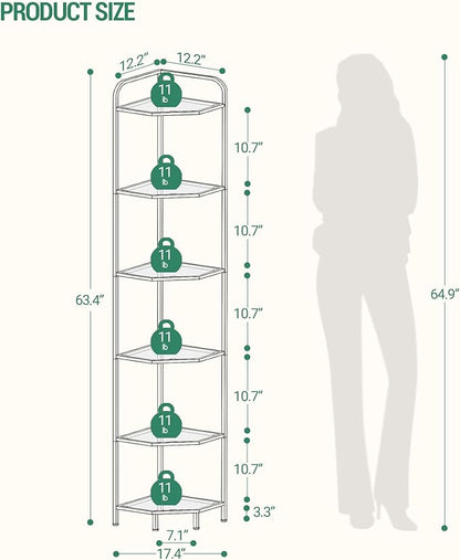Hzuaneri Corner Shelf Stand, 6-Tier Glass Bookshelf Bookcase, Bathroom Organizer, Plant Stand, Steel Frame, Tempered Glass, Modern Style for Living Room, Bathroom, Kitchen, Black CS90600B