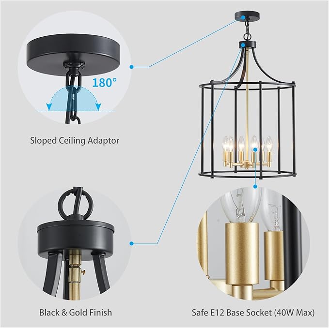 XINGQI 17.7" Lantern Pendant Light Modern Geometric Hanging Chandelier Black and Gold 6 Lights Adjustable Height Cage Pendant Lighting Fixture for Dining Room Living Room Kitchen Entryway Hallway
