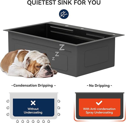 Lordear 33 Drop In Kitchen Sink with Faucet 33x22 Inch Black Waterfall Kitchen Sinks Topmount Stainless Steel 16 Gauge Single Bowl Workstation Smart Sink with Separated Switch Knob