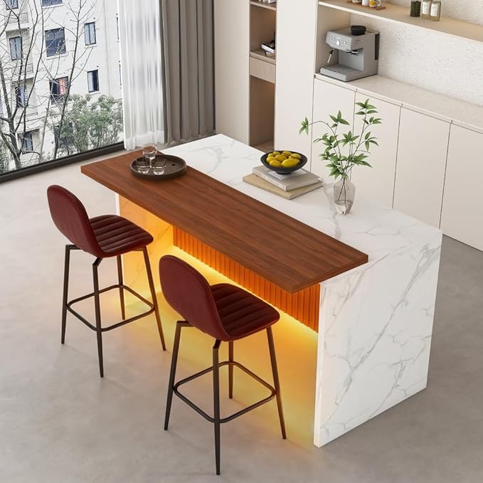 63 Inch Kitchen Island with 4 Deep Brown Bar Stools – White Marble Countertop, Integrated LED Lighting & Grille Design, Multi-Functional Breakfast Bar for Dining Rooms, (White+2dark Brown)