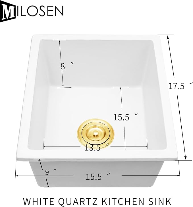 MILOSEN White Undermount Bar Sink, 15×17 Inch Small White Wet Bar or Prep Sink, 9 Inch Deep Granite Composite Outdoor Single Bowl Basin with Accessories, Small Quartz Sinks