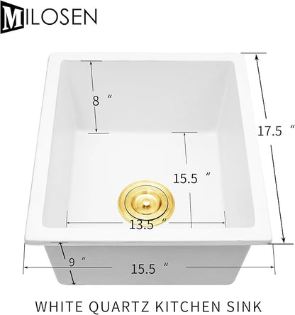 MILOSEN White Undermount Bar Sink, 15×17 Inch Small White Wet Bar or Prep Sink, 9 Inch Deep Granite Composite Outdoor Single Bowl Basin with Accessories, Small Quartz Sinks