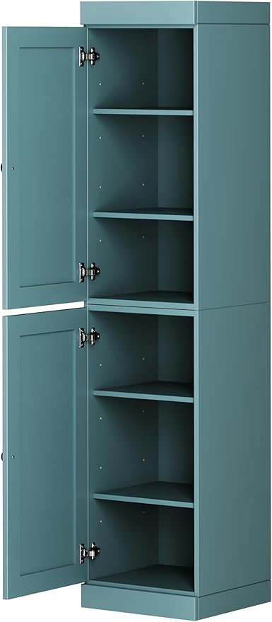Palace Imports Solid Wood Kitchen Pantry - Narrow Storage Cabinet - Shaker Doors, Adjustable Shelves, Aqua, 16.5" Wide x 71.5" Tall, 100% Eco-Friendly Wood, Modular Pantry Cabinet Systems