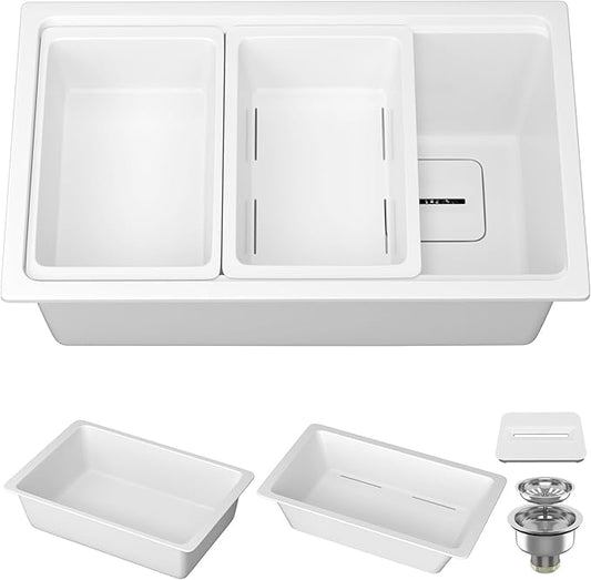 White Undermount Kitchen Sink 30 x19 Granite Composite Kitchen Sink Single Bowl Deep Drop-in Undermount Workstation Sink with Accessory Kit