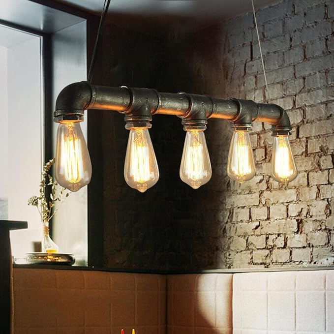 25.6" Water Pipe Ceiling Light, 5-Light Retro Chandelier Steampunk Pendant Lamp Fixture Farmhouse Vintage Pendant Lamp, for Coffee Shop Restaurant Hallway Porch Corridor