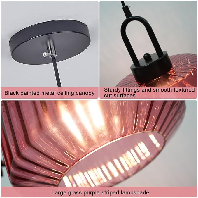 Mid Century Hanging Light Glass Ceiling Pendant Lights Kitchen Island Vintage Pendant Lighting Purple Glass Globe Shade Modern Pendant Light fixtures Black Finish Dining Room Bedroom