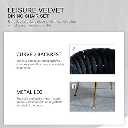 Nrizc Woven Dining Chairs Set of 2, Velvet Upholstered Dining Chairs with Gold Metal Legs, Modern Accent Chairs for Living Room, Dining Room, Kitchen (Black)
