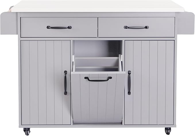 Ball & Cast Kitchen Island with Trash Can Storage Cabinet,Kitchen Cart W/Drop Leaf,Spice Rack,Towel Rack and Drawers,Rolling Kitchen Islands on Wheels W/Adjustable Shelf for Dining Room,Grey