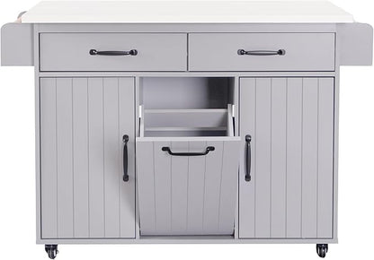 Ball & Cast Kitchen Island with Trash Can Storage Cabinet,Kitchen Cart W/Drop Leaf,Spice Rack,Towel Rack and Drawers,Rolling Kitchen Islands on Wheels W/Adjustable Shelf for Dining Room,Grey