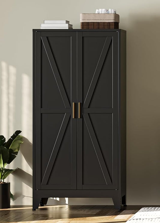Bevivog 61" Kitchen Pantry Cabinet, Farmhouse Metal Storage Cabinet with 2 Doors and 3 Adjustable Shelves, Metal Pantry Closet Cabinets for Kitchen Bathroom, Home Office, Living Room
