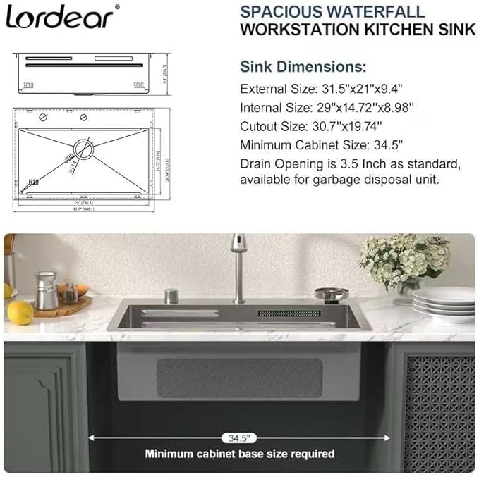 Lordear 31 Drop Kitchen Sink with Faucet Combo 31"x20" Waterfall Kitchen Sink Workstation Stainless Steel 16 Gauge Single Bowl Topmount Handmade Sinks with Pull Out Faucet