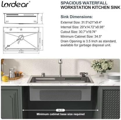 Lordear 31 Drop Kitchen Sink with Faucet Combo 31"x20" Waterfall Kitchen Sink Workstation Stainless Steel 16 Gauge Single Bowl Topmount Handmade Sinks with Pull Out Faucet
