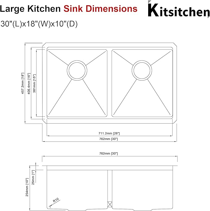 Kitsitchen Undermount Kitchen Sink, 16 Gauge T-304S Stainless Steel Workstation Sink, 50/50 Double Kitchen Sinks, 30" x 18" x 10" Large and Deep Handmade Kitchen Sinks with Accessories