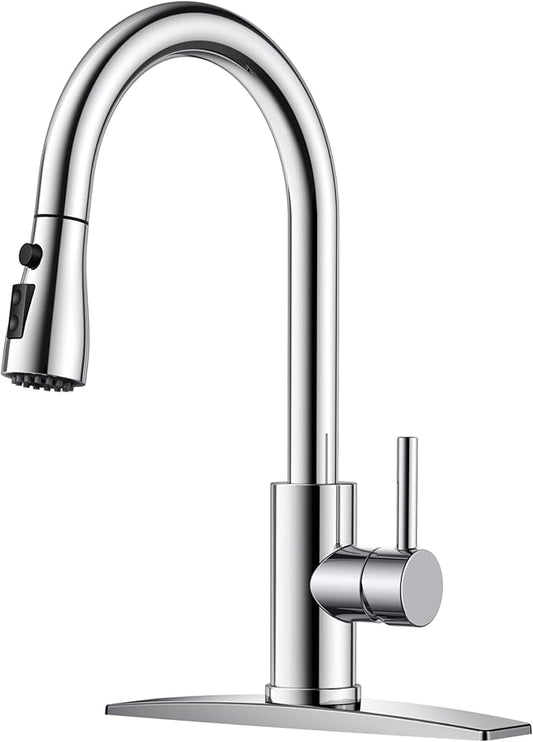 FORIOUS Kitchen Faucet with Pull Down Sprayer, Chrome, Bar High Arc Single Handle Traditional 3 Modes Stainless Steel Faucet for Kitchen Sink Farmhouse RV Laundry Camper