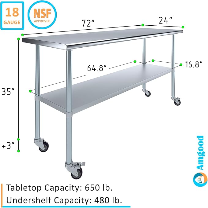Stainless Steel Work Table with Wheels | NSF Kitchen Island Food Prep | Laundry Garage Utility Bench (Table + Wheels, 72" Long x 24" Deep)